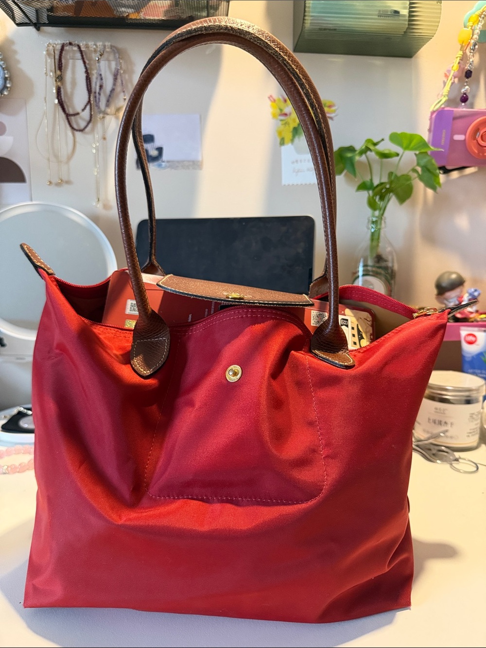 Longchamp Red Tote with Brown Leather Handles